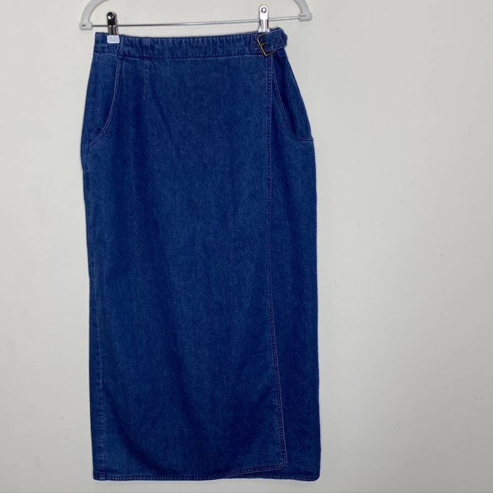 Eddie Bauer denim wrap skirt with buffalo plaid lining
